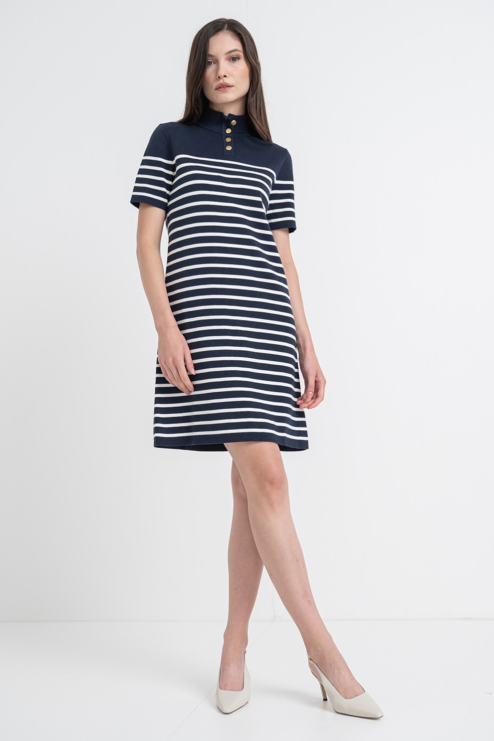 Tommy Hilfiger, Rochie polo din amestec de bumbac organic cu dungi, Alb, Albastru inchis, S