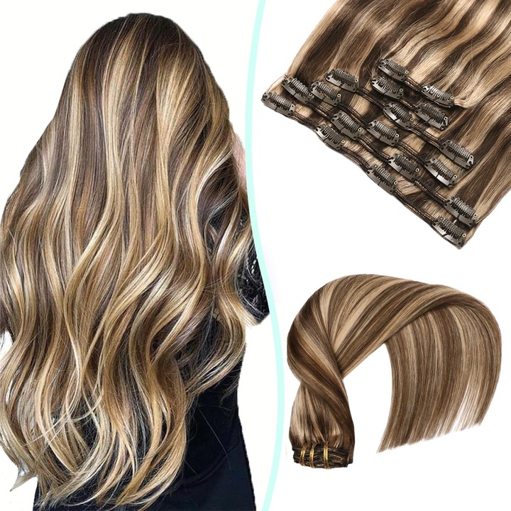Extensii De Păr Natural VINBAO 22", Set 6 Buc, 120G, Saten Mediu Cu Suvițe Blond Miere #4P27