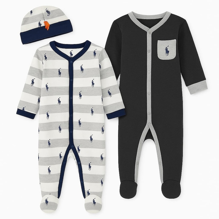 3 részes pamut overál, Polo, fiú, szürke, 68x74cm