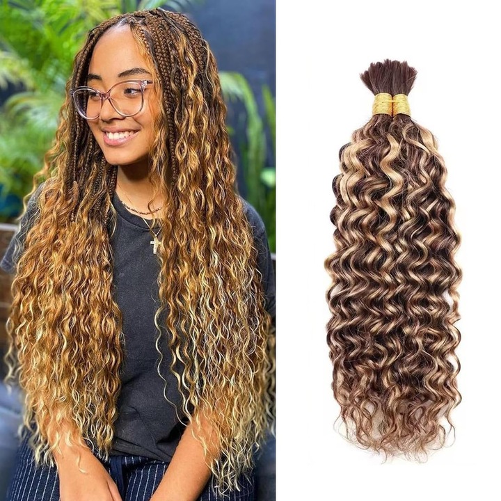 Extensii De Par Uman Daimer, Ondulate In Apa, Vrac, Pentru Impletituri, Fara Batatura, 18 Inch, 100G, Ondulate In Apa, Vrac, Maro, Pentru Impletituri Boho, Umede Si Ondulate (#P4/27, Pachete De 50G X 2)