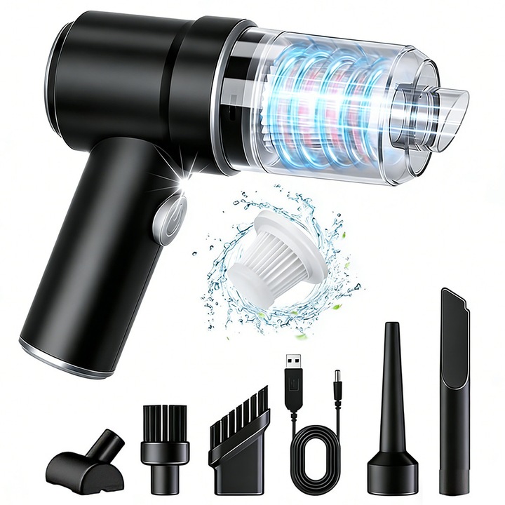 Прахосмукачка DONFANLIA, Ръчна, За домашна употреба или автомобил, Функция за мокро и сухо почистване, Мощно засмукване 16000pa, LED светлина, USB зареждане, 360° почистване, Компактна и преносима, Безжична, Множество аксесоари, Черна