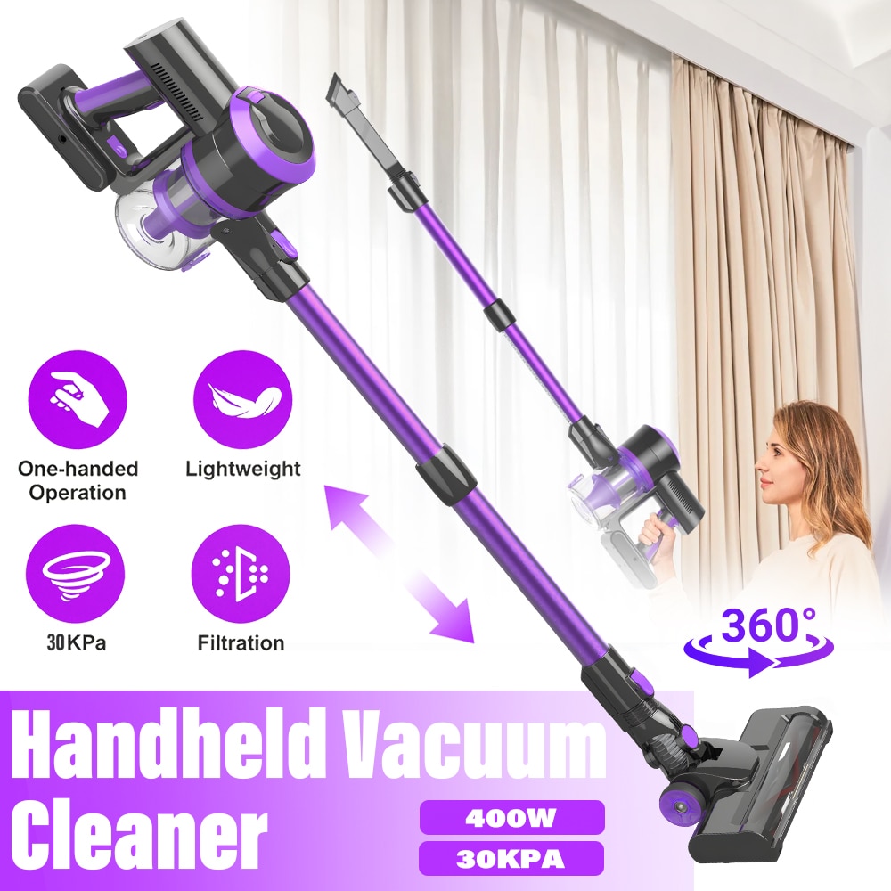Aspirator vertical fara fir 4 in 1, Bedee, 400W, 2500mah*6, Cu afisaj LED, timp de functionare de pana la 55 de minute, Capteaza eficient 99.99% dintre alergeni si murdarie, aspirator cu maner pentru par de animale, podele dure, covoare, Mov/Negru