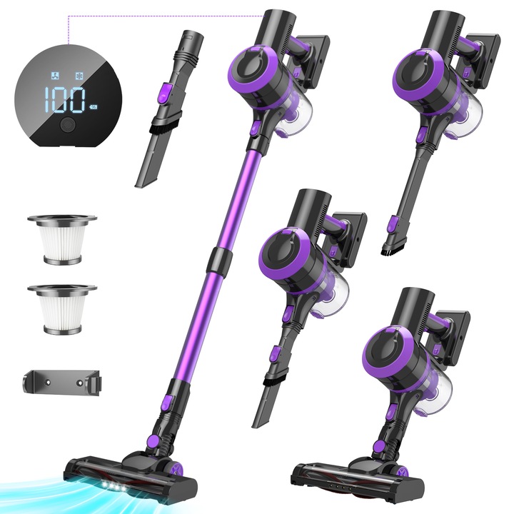 Aspirator vertical fara fir bedee®, 400 W, 35Kpa, 1.2L, 2500 mAh * 6, timp de functionare 55 de minute, pentru par de animale, podele dure, covor, cu perie LED, violet