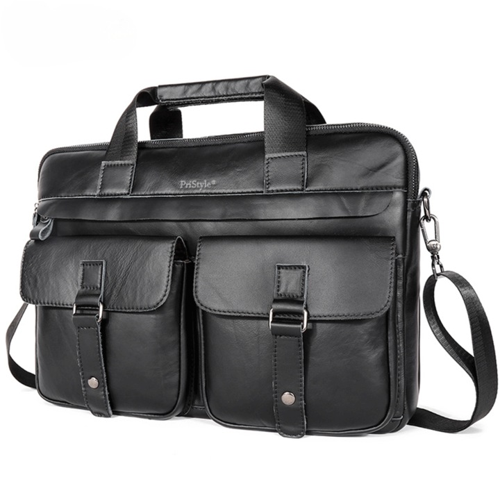 Geanta pentru Business sau Office din Piele Naturala Premium, pentru Laptop sau Documente, Multifunctionala, cu Compartimente Multiple Dedicate si Curea de Umar Reglabila, Neagra, 39x27x11 cm, PriStyle®
