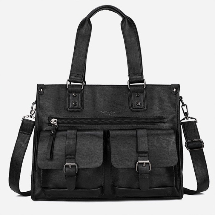 PriStyle® Férfi irodai táska, prémium ökológiai bőrből, vízálló, multifunkcionális, állítható vállpánttal és 2 fix fogantyúval, laptophoz vagy dokumentumokhoz, irodai-alkalmi, 30 x 40 x 12 cm, fekete