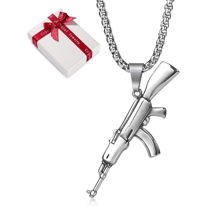 Lantisor cu pandantiv AK47 de 71mm, inox, in cutie cadou, 60cm