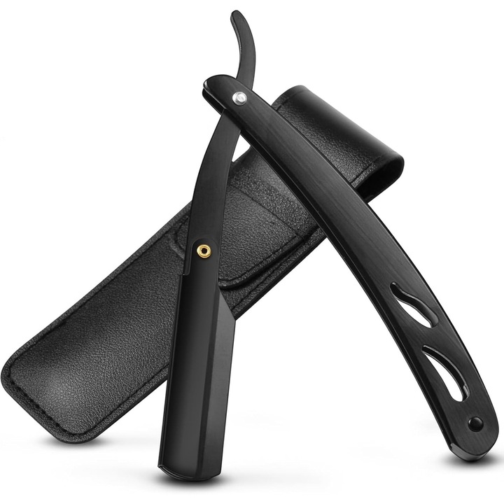 Brici Profesional Super Trends® Din Otel Inoxidabil Cu Husa Din Piele, Brici Barbierit Si Ras Pentru Barbati, Brici Clasic Cu Lama InterSchimbabila, Brici Barba Si Contur, Set Brici Barbierit Portabil, Ideal Pentru Calatorii, Culoare Negru