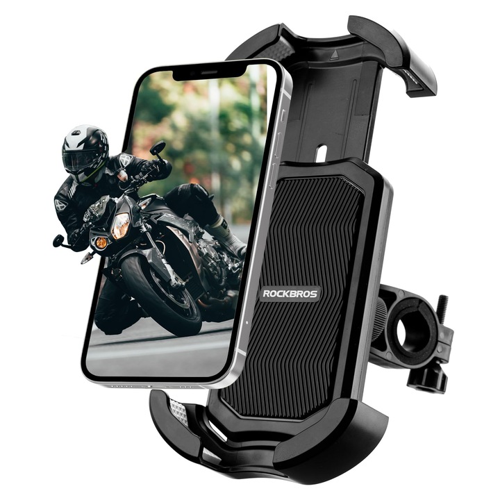 ROCKBROS suport pentru telefon, pentru bicicleta si motocicleta, cu sistem de blocare sigur, rezistent la socuri si vibratii, reglabil 360°, compatibil cu telefoane de 4.7–6.8 inch, potrivit pentru bicicleta, motocicleta si trotineta electrica