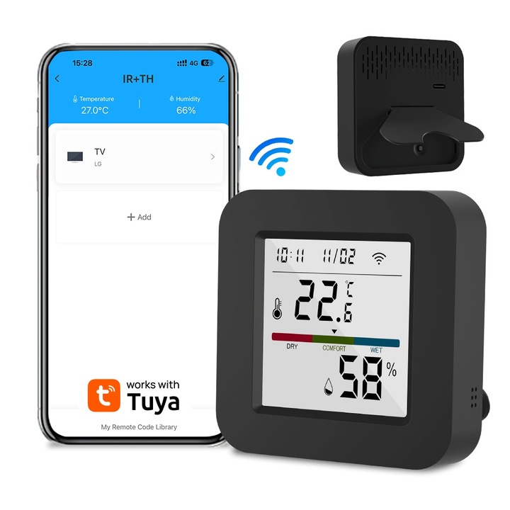 Senzor Inteligent de Temperatura si Umiditate cu Telecomanda Inteligenta IR, Wi-Fi, App Tuya/Smart Life, Compatibil Alexa/Google Assistant, Negru