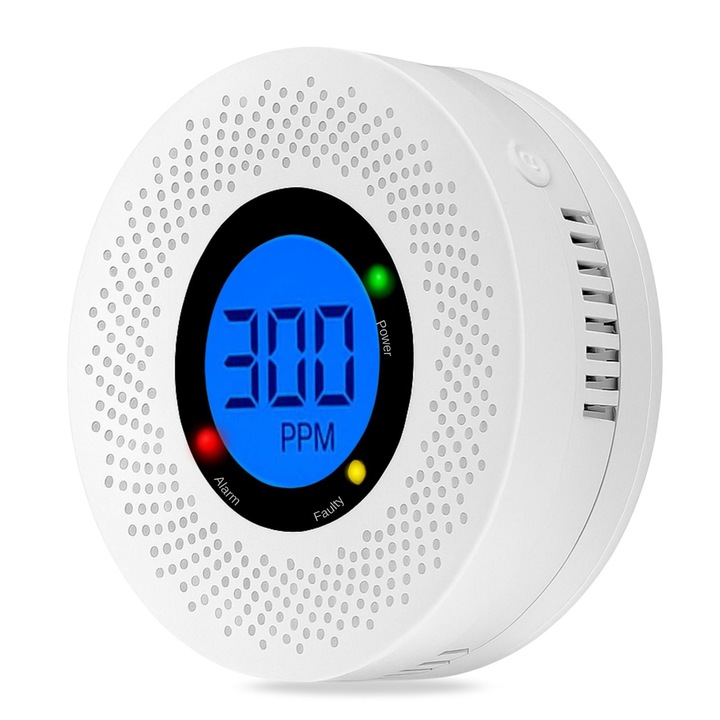 Detector de Monoxid de Carbon cu Afisaj LCD - Senzor CO pentru Siguranta Locuintei, 2 in 1, Sternhoff, alarm 70dB, baterie 3xAA (neinclusa), 10x10x4cm, alb