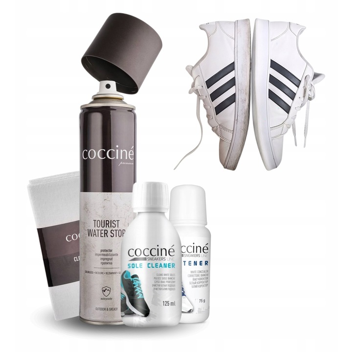 Set de ingrijire a incaltamintei, Coccine, Coccine Whitener + Tourist + Laveta de curatare + Solutie de curatare a talpilor, 75 ml + 400 ml, Protectie impotriva apei, Curatare, Impregnare, Alb, 4 piese, Material: lichid, bumbac, Calitate inalta, Usor de u