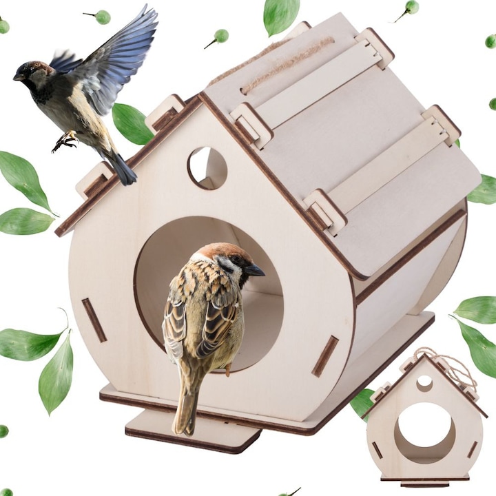 Casuta pasari din lemn DIY, pentru asamblare si pictura, adapost natural pentru pasari mici, 25 x 20 x 19 cm