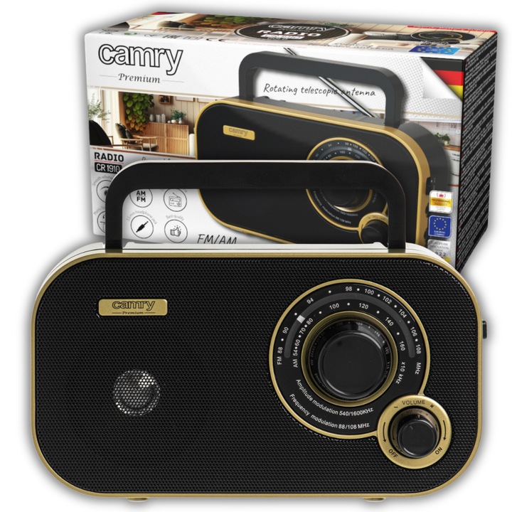 Radio Portabil, Camry, Cr 1910G, Frecventa Fm 88/108 Mhz, Frecventa Am 530/1600 Khz, Putere Difuzor 2W, Alimentare 4 × Aa Sau 230V, Dimensiuni 22,6 x 5,6 x 12 cm, Negru/Auriu