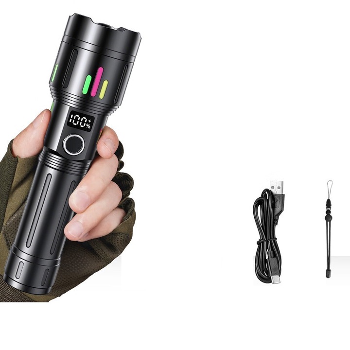 LED фенер, алуминиев, P50 Ultra-Bright източник, професионален дизайн, регулируем фокус, устойчив на дъжд и водоустойчив, USB зареждане, 2000 лумена, LCD екран, черен, удобен, стабилен източник на светлина