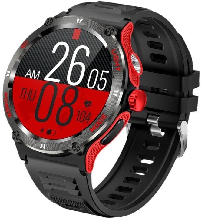 Смарт часовник за мъже, Ексклузивно за спортове на открито, Водоустойчив, BT повикване, Фенерче, AI гласов асистент, Черен с червено, Материал против падане и устойчив на износване, Устойчив на замърсяване и лесен за поддръжка