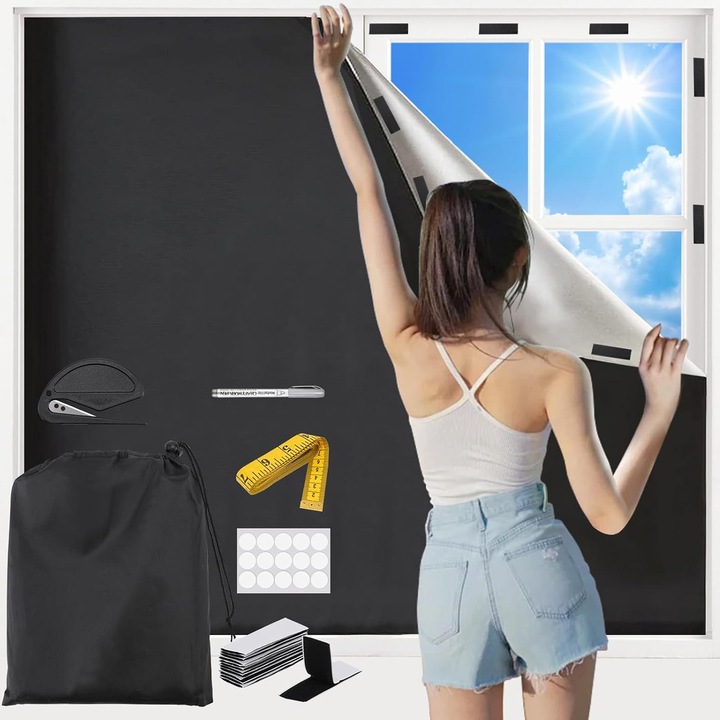 Завеса Blackout, преносима, регулируема, 145x300 см, без пробиване, лесна за залепване, за спалня, детска стая, таванско помещение