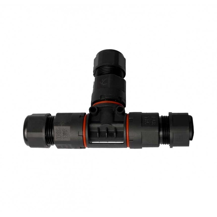 Conector T Lightex, IP68, Pentru cablu 3x0.5-2.5mm2, Negru