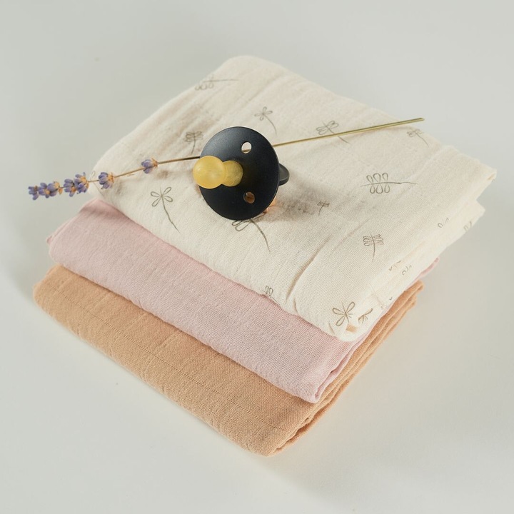 Muselina multifunctionala din bumbac 100% organic, HUG.me, Pure Bloom, x3 bucati, 60 x 60 cm, certificata GOTS, Onino