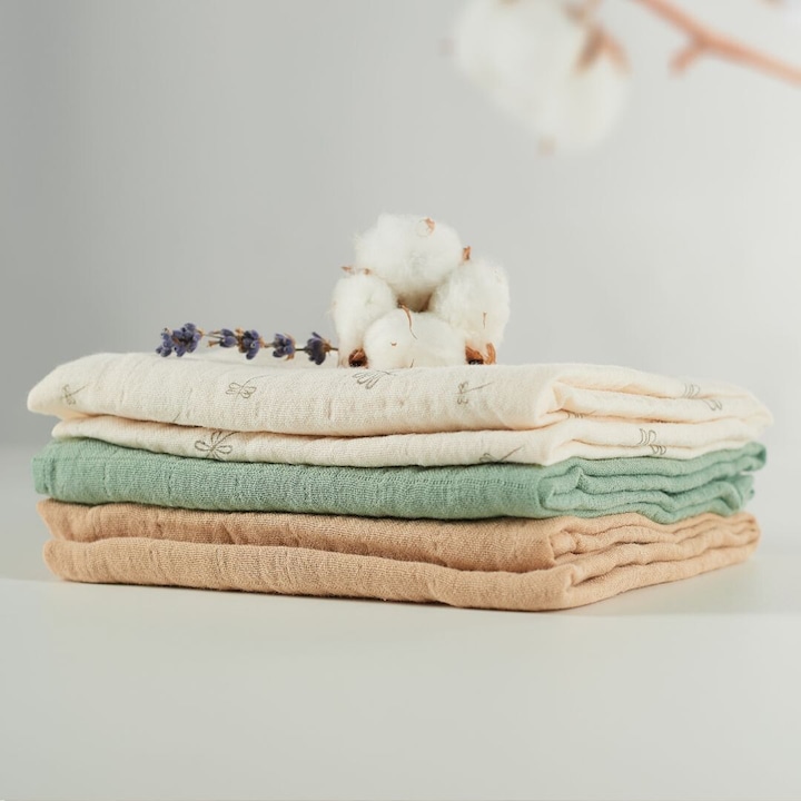 Muselina multifunctionala din bumbac 100% organic, HUG.me, Pure Nature, x3 bucati, 60 x 60 cm, certificata GOTS, Onino