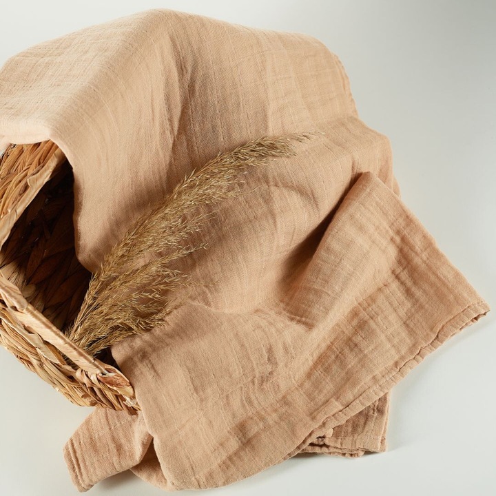 Muselina multifunctionala din bumbac 100% organic, HUG.me, Oatmeal Beige, x1 bucata, 120 x 120 cm, certificata GOTS, Onino