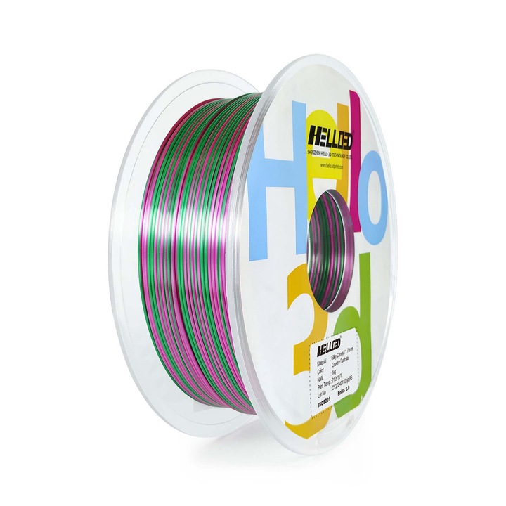 Filament PLA HELLO3D, Rainbow Silky Candy, 1.75mm, 1 Kg, Verde/Fucsia