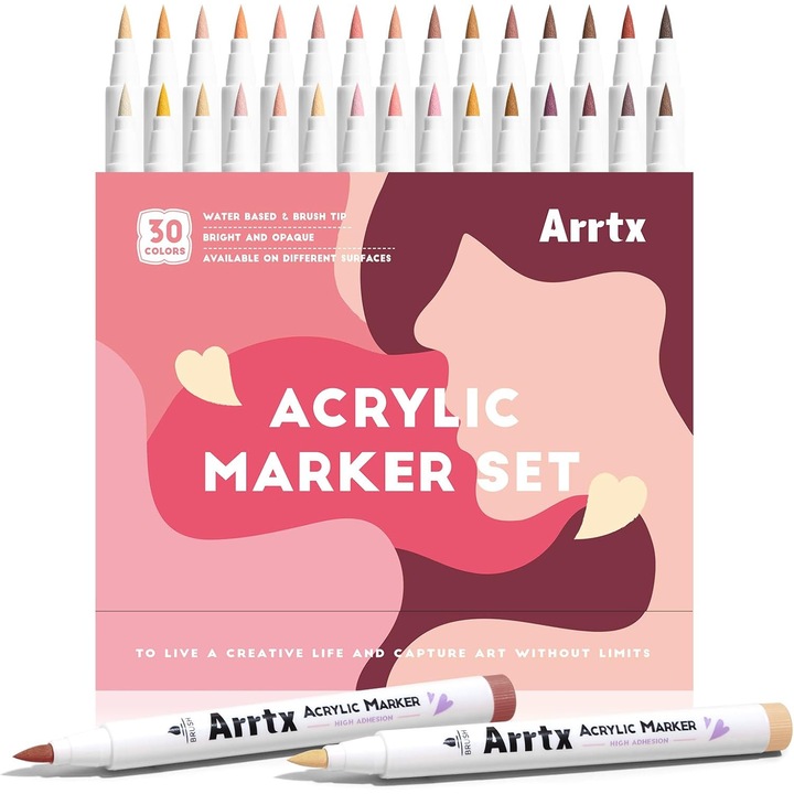 Set de 30 Markere Acrilice Arrtx, cu Cerneala pe Baza de Apa, Cutie de Depozitare, Multicolor, Non-toxic, Uscare Rapida