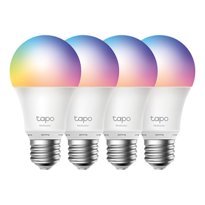 Set 4 becuri smart Wi-Fi, RGB, intensitate ajustabila, 2700-6500K, 806 lm, E27 - TP-Link Tapo TapoL530E(4-pack)