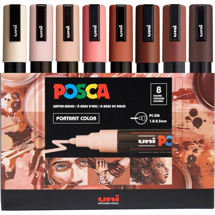 Set de 8 Markere, Posca PC-5M, Vopsea, Varf Fin, Maro