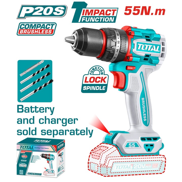 Masina de gaurit cu percutie TOTAL, 20V, 2000 rpm, 55 Nm, 30000 bpm, motor fara perii, nu include acumulator
