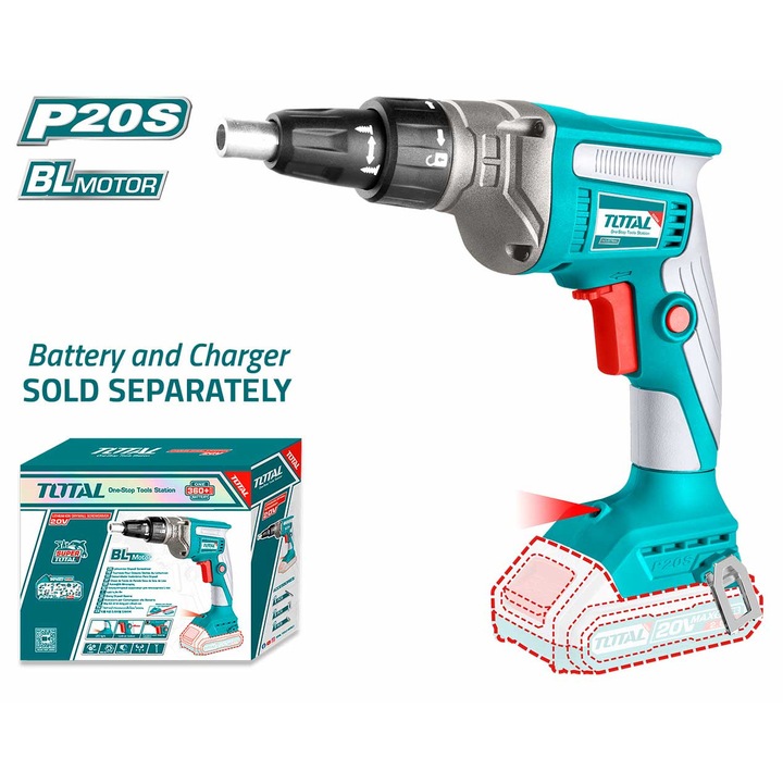Surubelnita fara fir TOTAL pentru gips carton, 20V, 1/4 Hex, nu include acumulator si incarcator