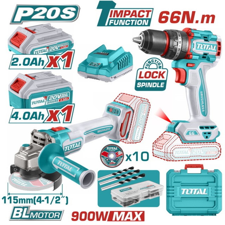 Total ütvefúró, 20V, 2000 ford./perc, 30000 ford./perc + Total sarokcsiszoló, 9000 ford./perc, 115 mm tárcsaátmérő, 20V, 2 akkumulátorral, 1 töltővel
