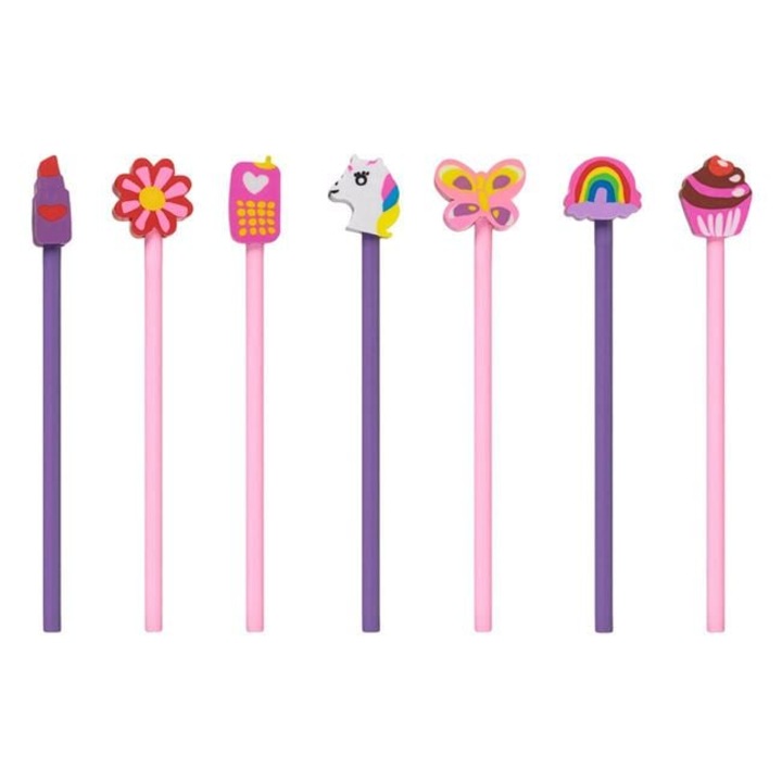 Set 7 Creioane ANTBRO® cu Radiera Topper – Roz & Mov, Modele Variate (Fluturi, Unicorn, Curcubeu) – Accesorii Scolare Cute si Practice