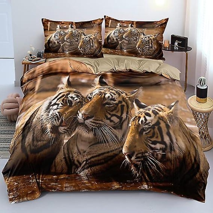 Set lenjerie de pat 3D tigri, 3 piese, microfibra, 160x220cm, cu fermoar, pentru copii si adulti
