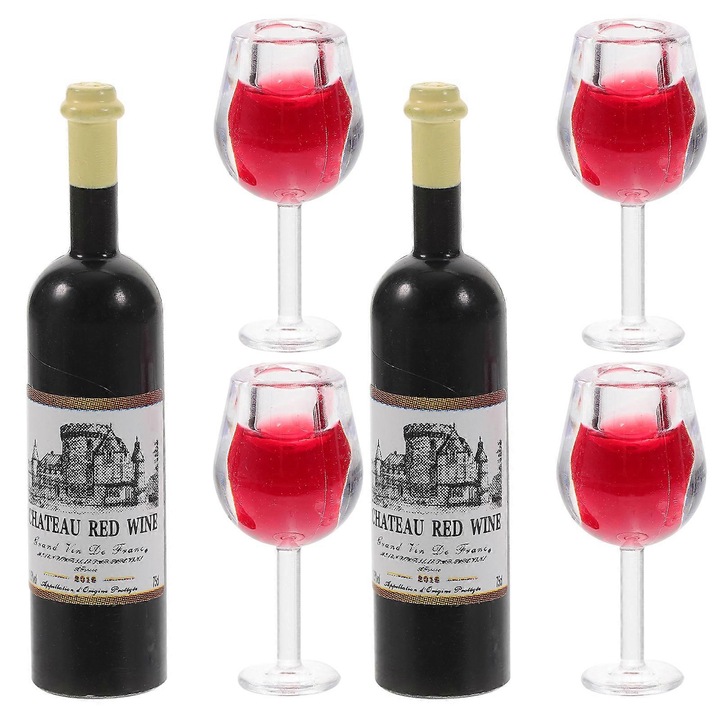 Set 2 Sticle si 4 Cani Miniaturale, Decoratiuni pentru Mini Casa, Asortate, Dimensiuni 3.90x0.80x0.80cm si 1.90x0.90x0.90cm