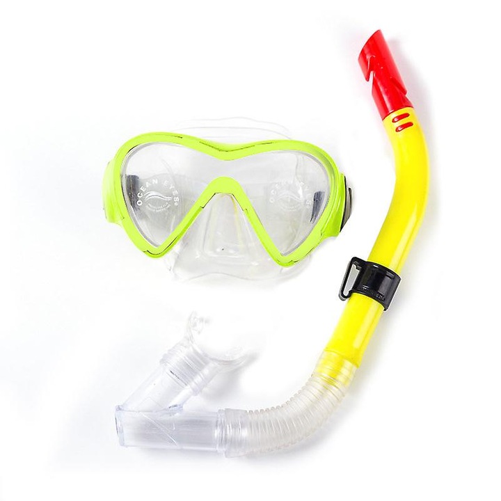 Set de snorkel cu masti de scufundare anti-picurare, galben, dimensiuni 17x8cm, tub 36cm