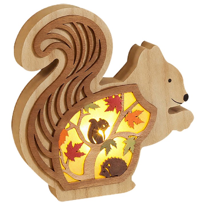 Set Decoratiuni Toamna din Lemn care se Lumineaza - Include Veverita, Acvila, Arici, Ghinda, Frasin - Pentru Masa, Bucatarie, Thanksgiving, Halloween