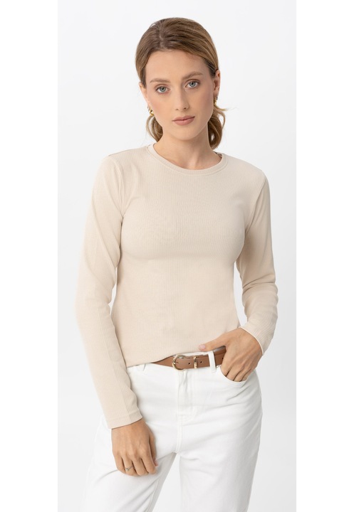 Női hosszú ujjú bordázott blúz, Volcano L-Loko bézs, Bézs