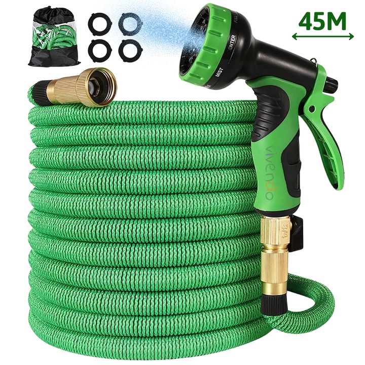 Разтегателен градински маркуч, метален конектор, с регулируема пръскачка, 45 м