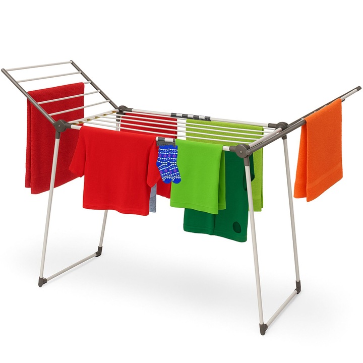 Сушилник за дрехи, Sternhoff, изработен от метал, хоризонтален, сгъваем, закачалки за чорапи, за вътрешна и външна употреба, на балкон или тераса, сив