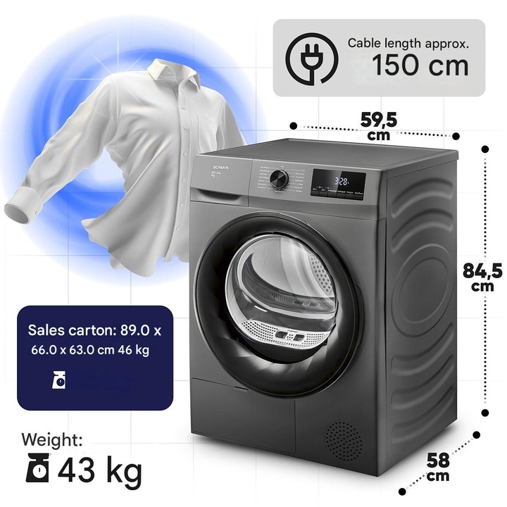 Сушилня за дрехи Bomann WPT7154, Термопомпа, Капацитет 8 кг, 15 програми, Функция против намачкване, Автоматично обръщане на барабана, Отложен старт, Индикатор за филтър за мъх, LED дисплей, Селектор за ниво на сухота, Сензор за влажност, Антрацит