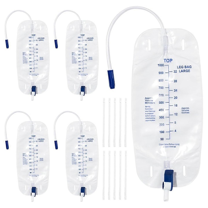 Set 5 Pungi de Drenaj Cateter 1000ml cu Tub de Drenaj, Design cu Supapa Anti-Reflux, Ajustabile, PVC