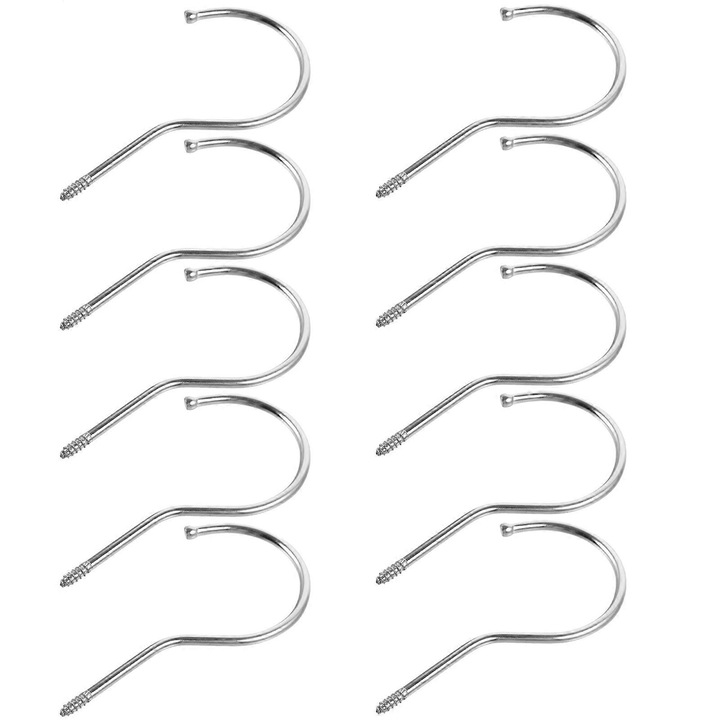 Set 10 carlige cu surub, inox, 10x5.2x0.4cm, argintiu