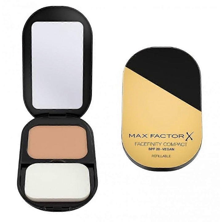 Fond de ten compact, Max Factor Facefinity, 001 Porcelain, SPF20, fara ulei, vegan, bej