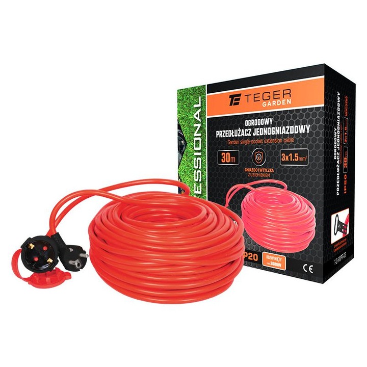 Професионален удължителен кабел, 30M, 3x1.5mm, IP20, с предпазител, Teger
