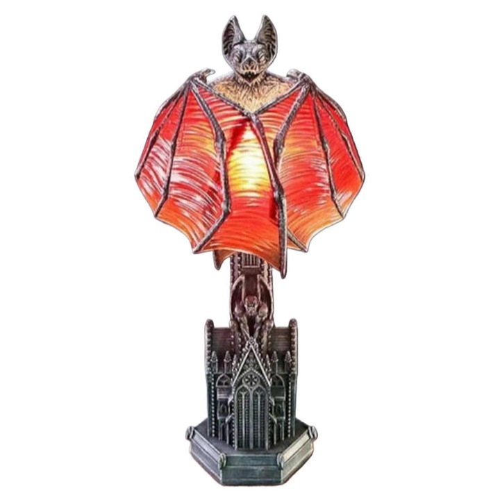 Veioza decorativa cu aripi de liliac, baza de catedrala, iluminare rosie, 25x13x12cm