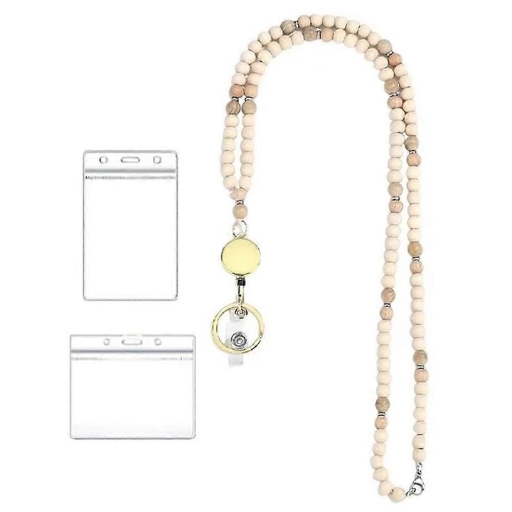 Snur retractabil din margele din lemn pentru insigne, cu inel din inox 34 inch