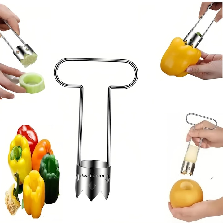 Extractor fructe inox, design compact, 16x3.5x3.5cm, pentru mere, pere, ardei rosii, Omelivon