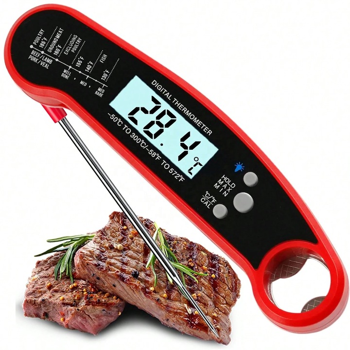 Termometru digital pentru carne, Termometru alimentar cu citire instantana rezistent la apa pentru gatit si gratar, Aparate de bucatarie, Accesorii cu iluminare din spate si calibrare pentru bomboane, gratar BBQ, lichide, carne de vita, curcan