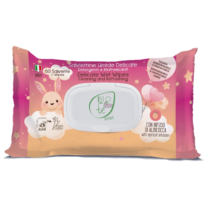 Servetele umede delicate pentru copii, cu infuzie de caise, vegan, BIOCONTE BABY 60 buc