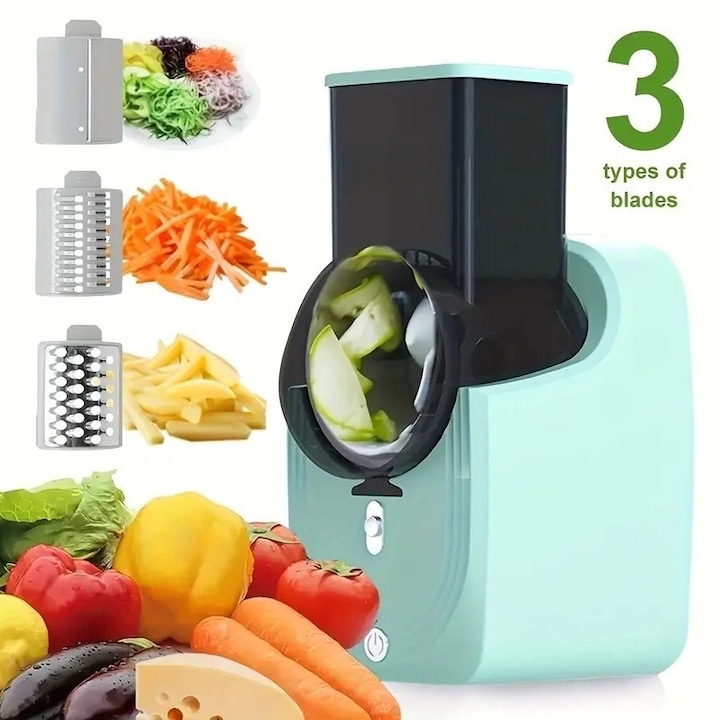 Електрическа ренде, MOSMAOO®, 50W, 3 различни остриета, Електрическа резачка за зеленчуци, Зелен (Не е подходяща за рязане на много твърдо сирене)